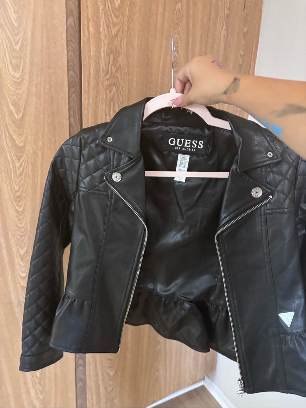 GUESS Black Quilted-Sleeve Faux Leather Moto Jacket for Kids